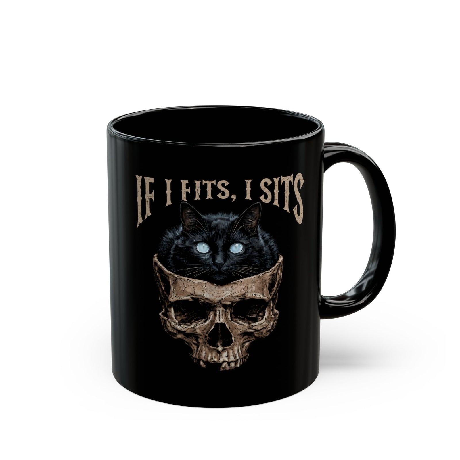 If I Fits I Sits Cat Black Mug — Funny Gothic Black Cat Skull Graphic