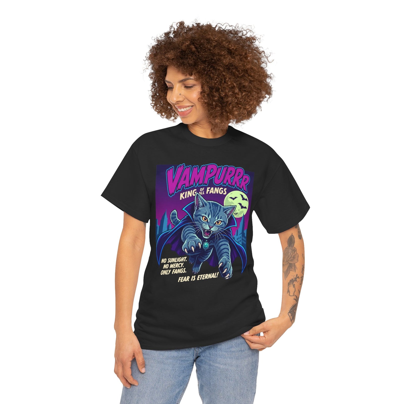 Vampurrr King of Fangs Cat T-Shirt — Retro Vampire Cat Graphic Tee