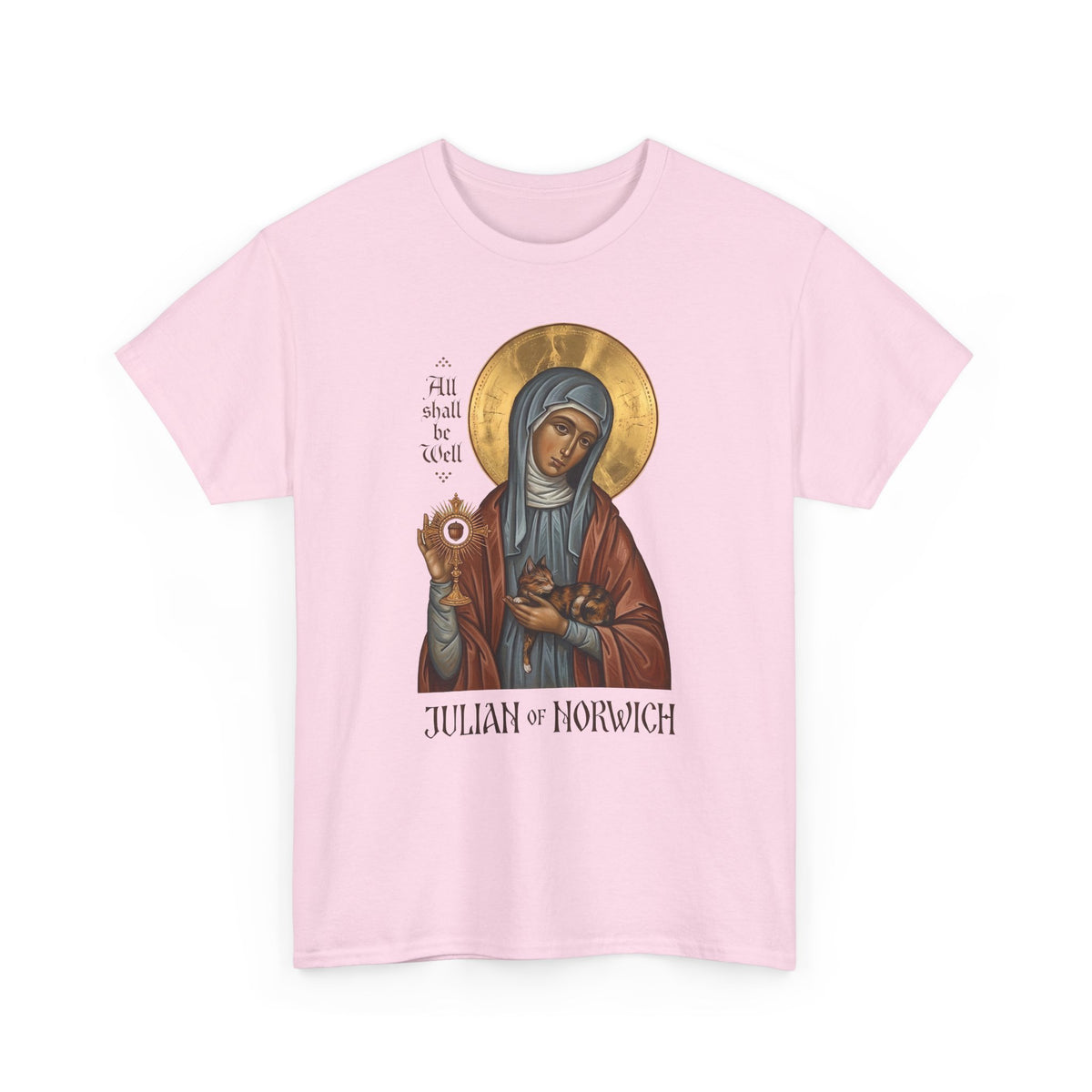 Julian of Norwich & Cat T-Shirt — Spiritual Saint Tee for Cat Lovers