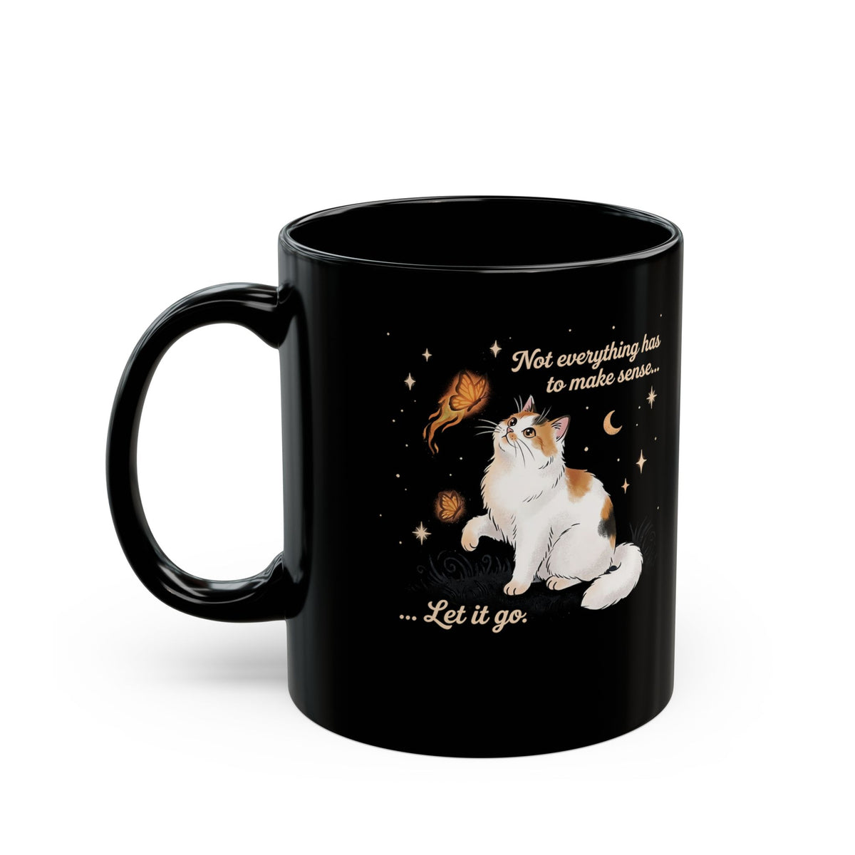 Vintage Whimsical Cat Black Mug — Spiritual Quote Graphic Mug