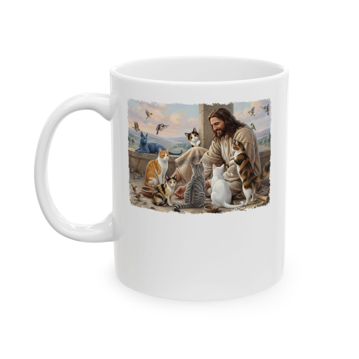 Jesus Surrounded by Cats Ceramic Mug — Religious Cat Lover Mug