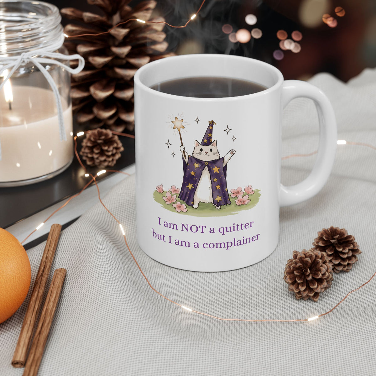 Funny Wizard Cat Ceramic Mug — Whimsical Magical Feline Complainer Drinkware