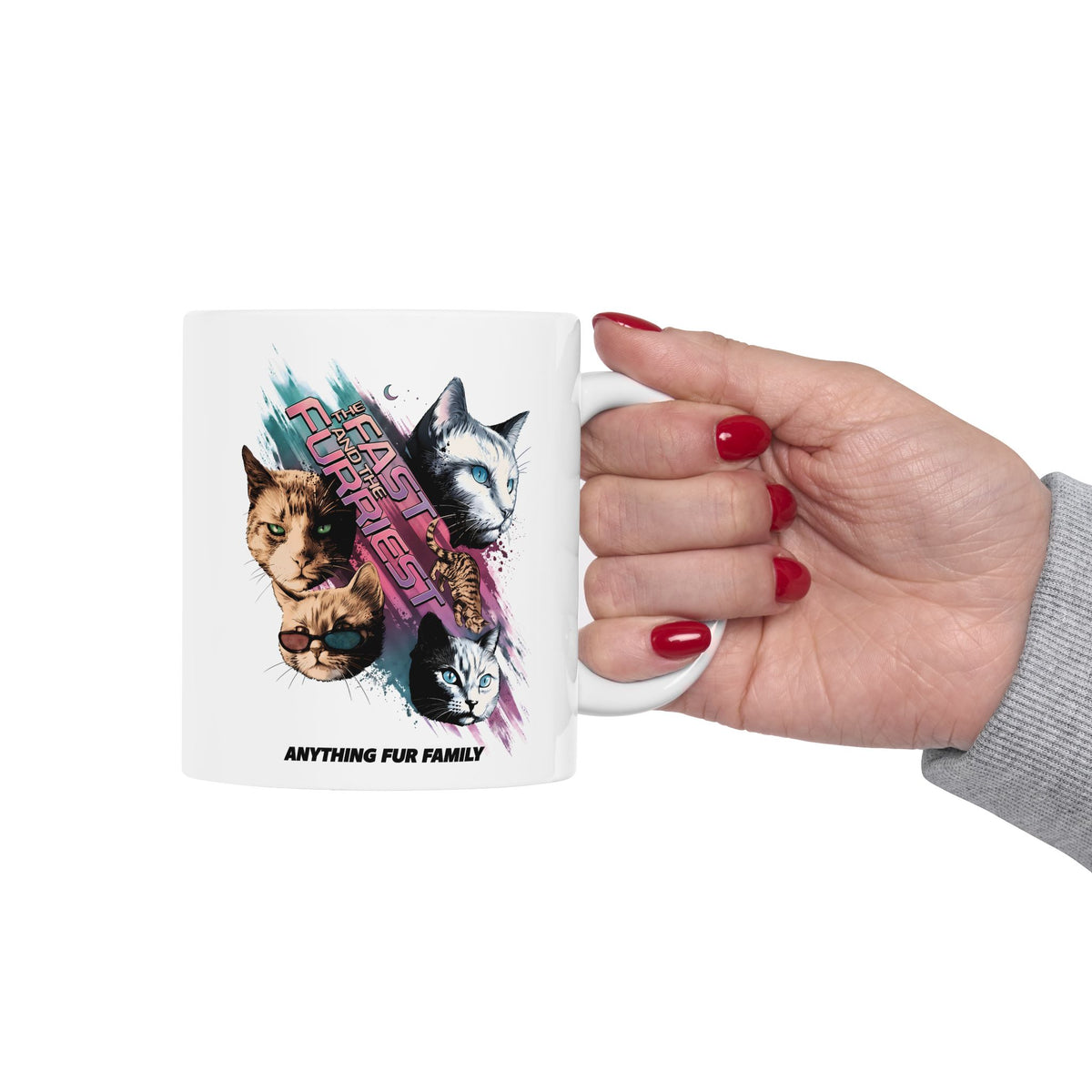 The Fast And The Furriest Ceramic Mug — Funny Cat Action Movie Parody Mug