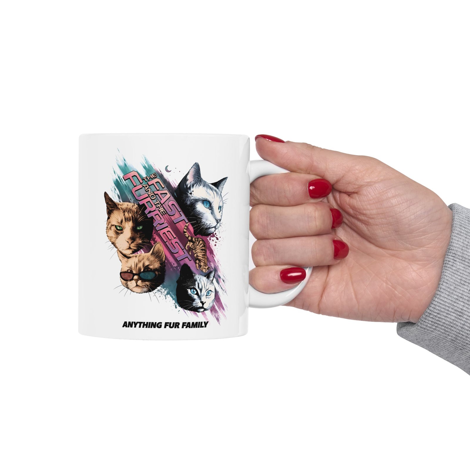 The Fast And The Furriest Ceramic Mug — Funny Cat Action Movie Parody Mug