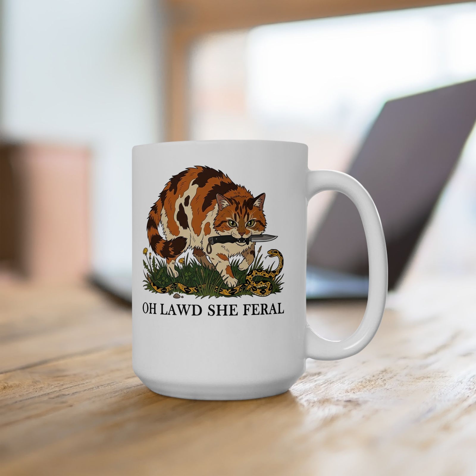 Feral Cats Mug — “Oh Lawd She Feral Cats!” Graphic Ceramic Mug