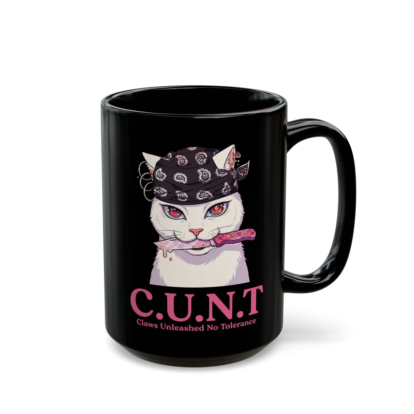 C.U.N.T Acronym Cat Black Mug — Sassy Feline Rebellious Streetwear
