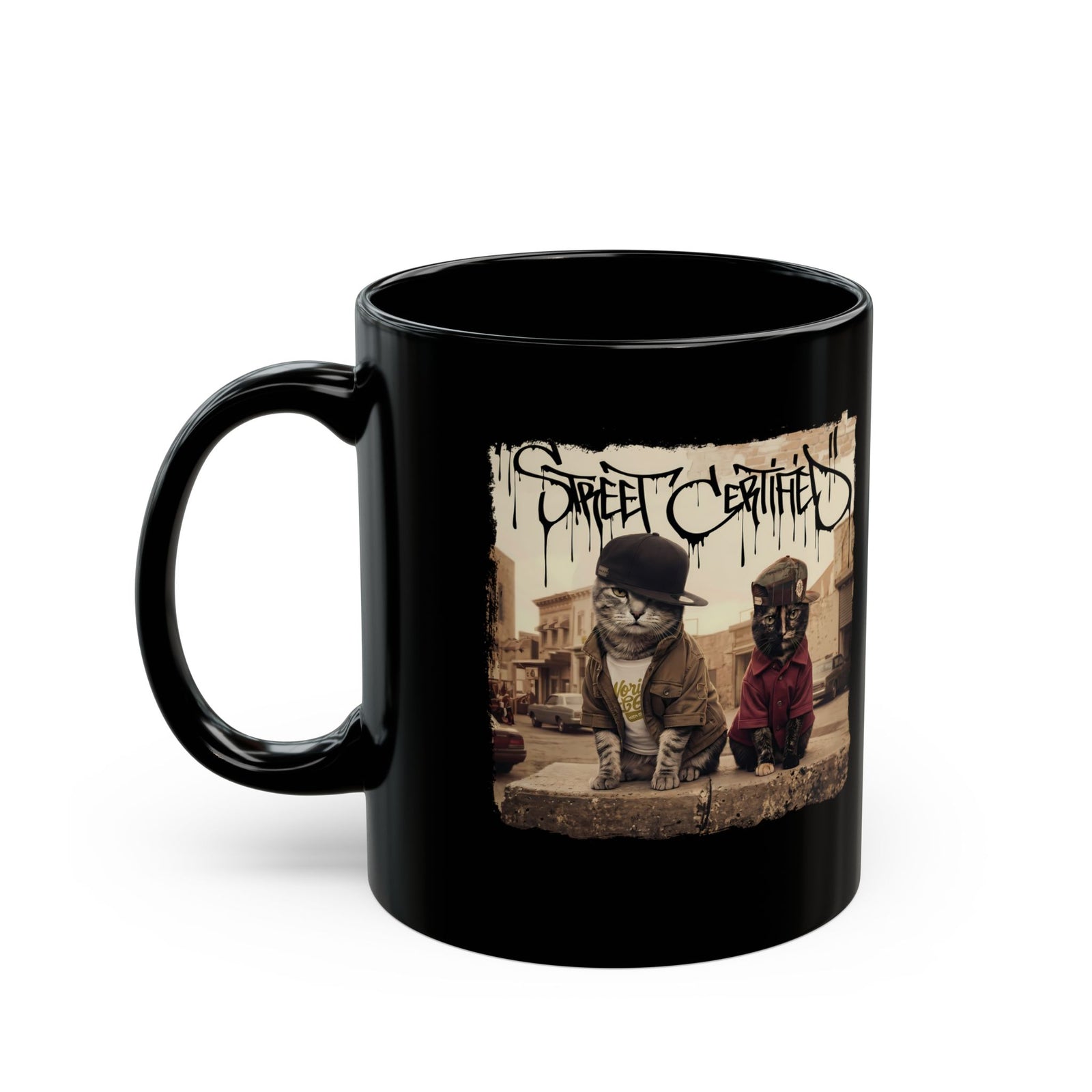Funny Streetwear Cats "Street Certified" Retro Graphic Mug