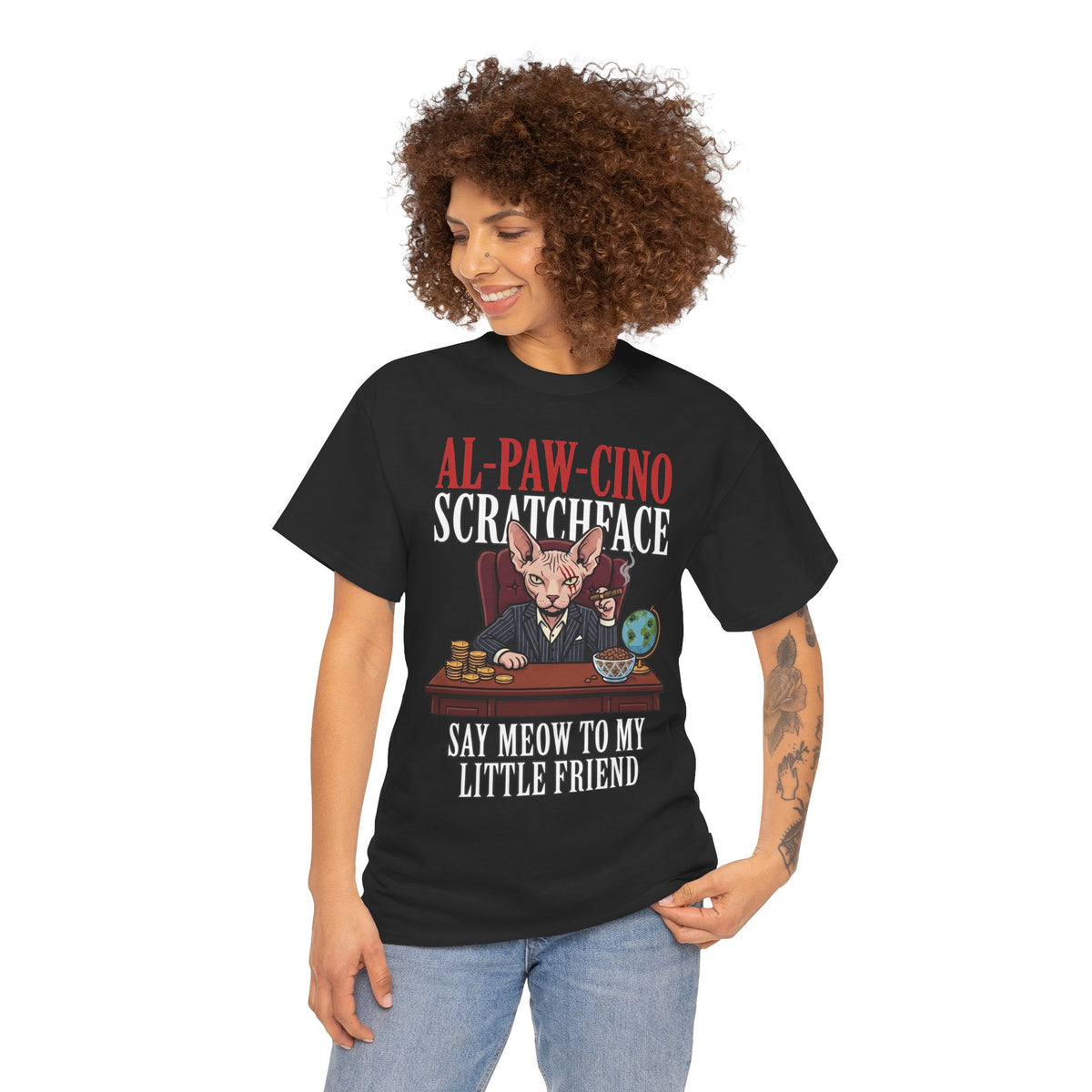 Al-Paw-Cino Scratcheace T-Shirt – Funny Cat Mafia 'Say Meow to My Little Friend' Tee