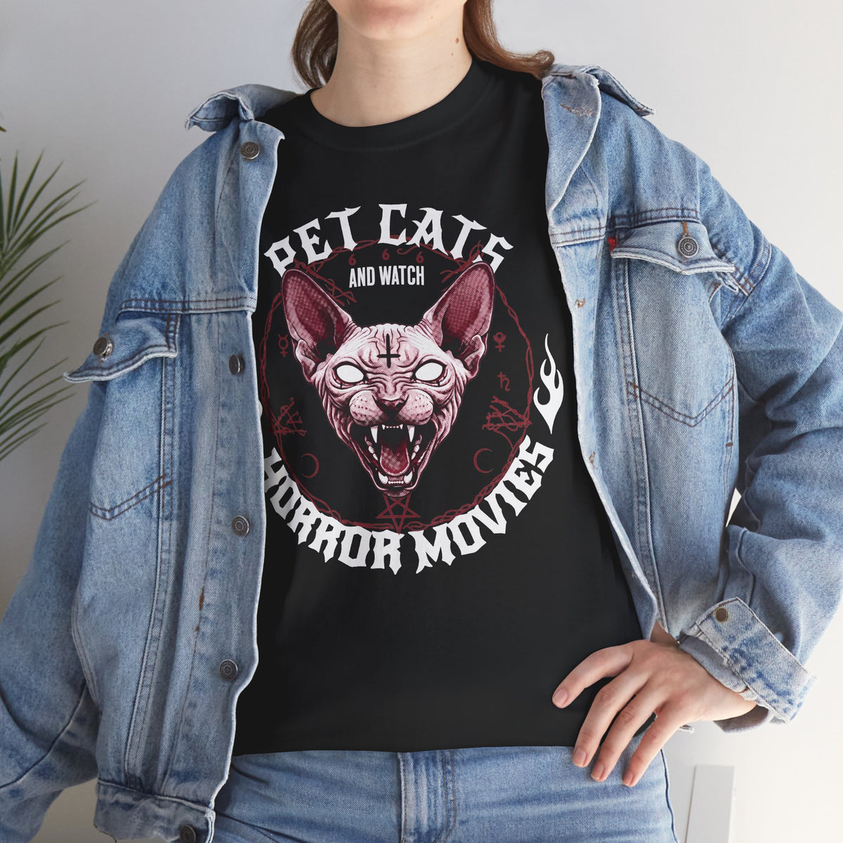 Pet Cats And Watch Horror Movies T-Shirt — Demonic Sphynx Cat Occult Tee