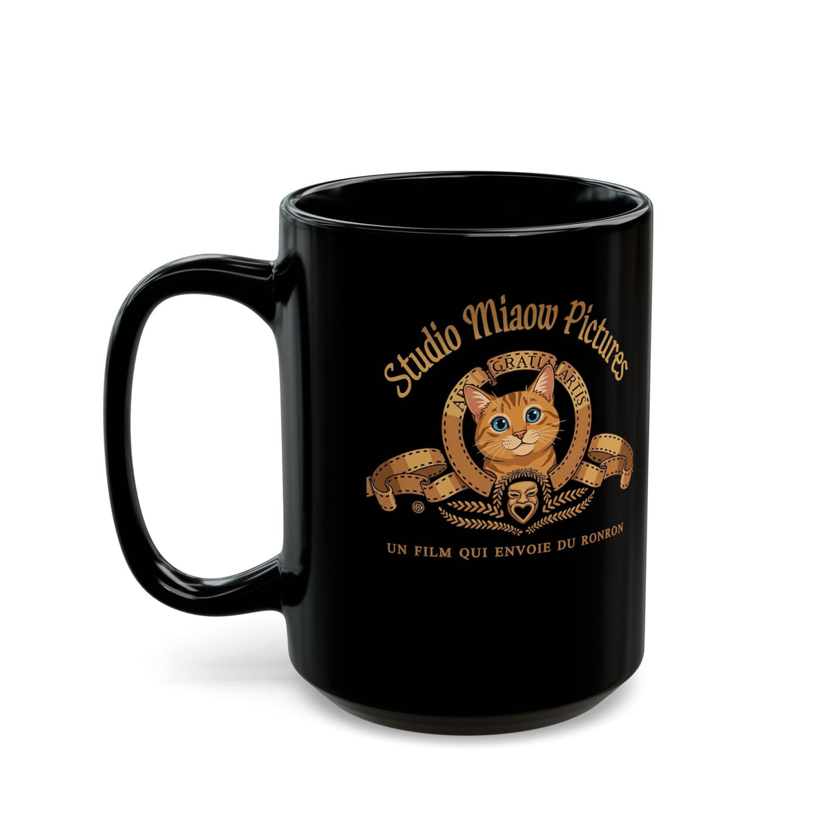 Retro Movie Lion Parody Cat Black Mug — Studio Miaow Pictures