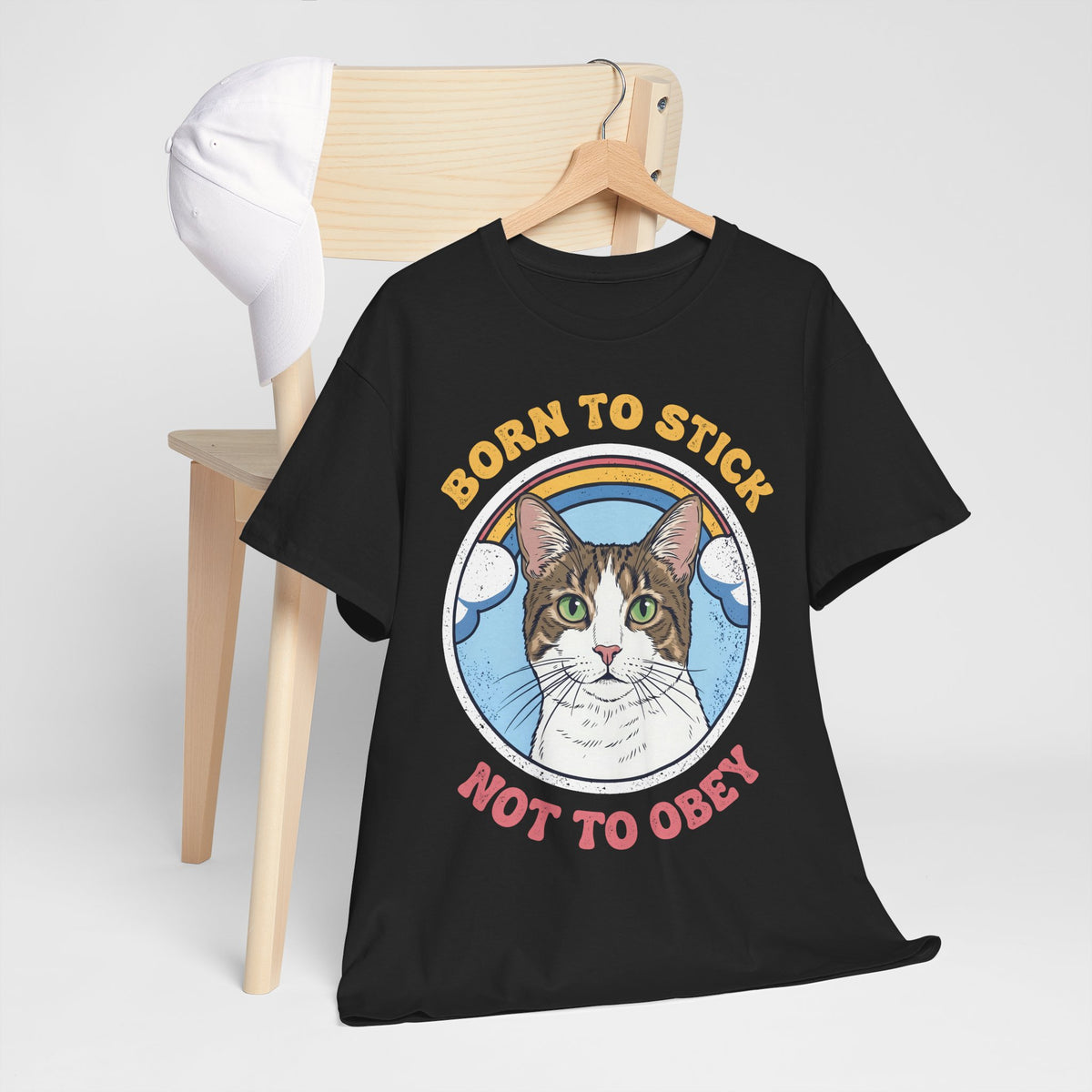Born To Stick Not To Obey T-Shirt — Retro Rainbow Cat Graphic Tee