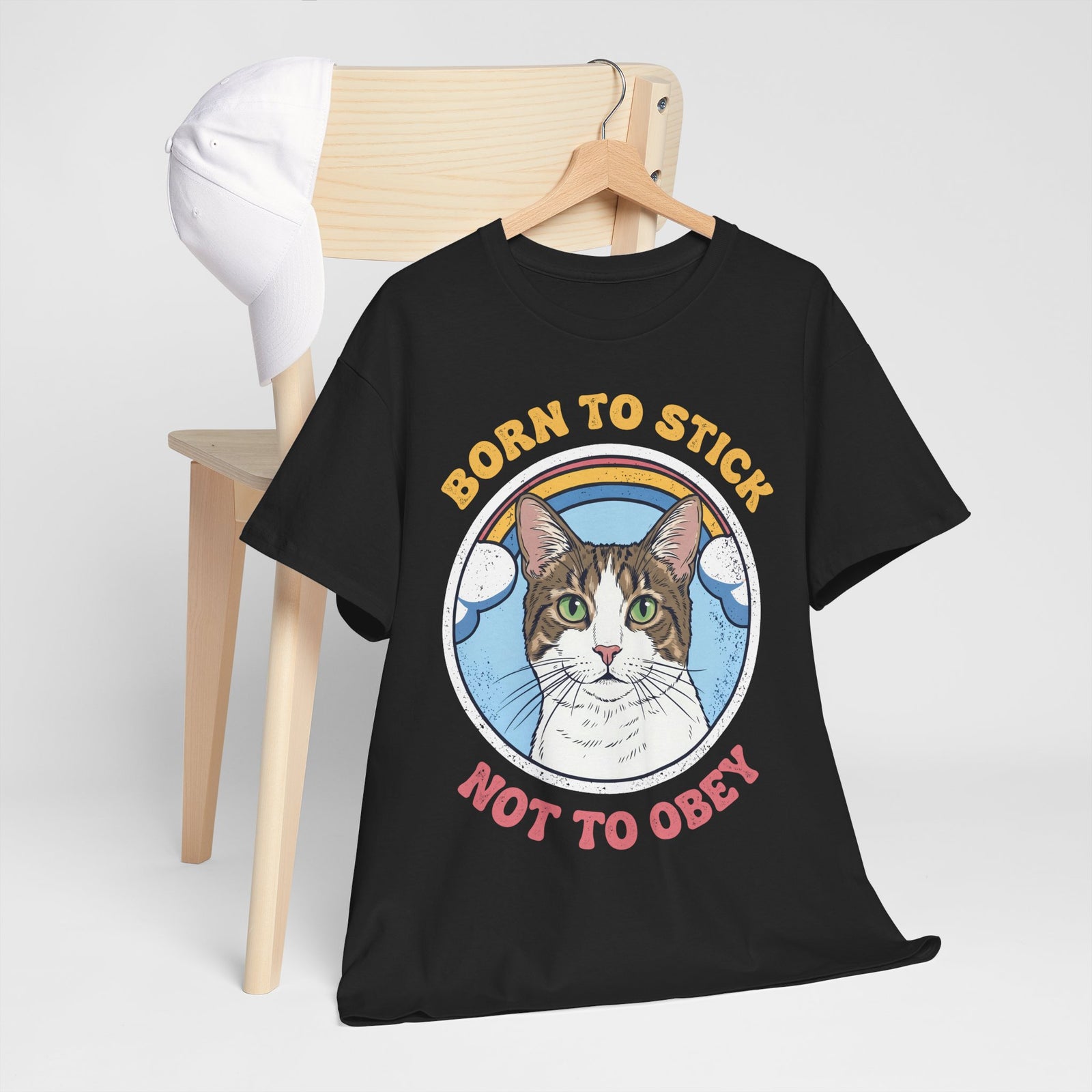 Born To Stick Not To Obey T-Shirt — Retro Rainbow Cat Graphic Tee