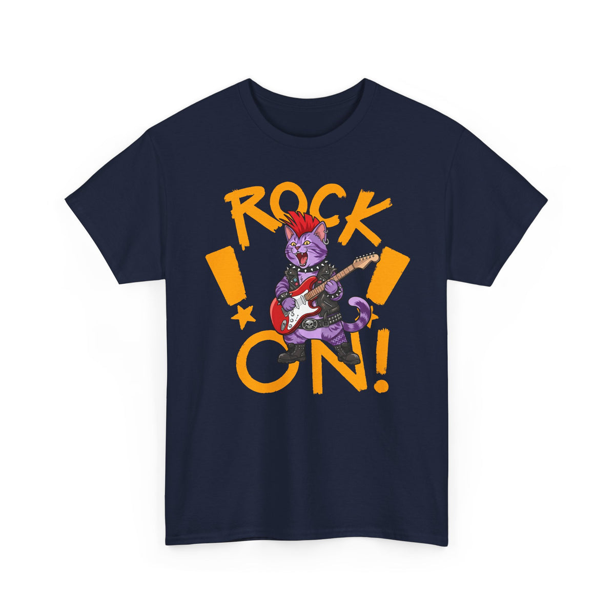 Rock On Punk Rock Cat T-Shirt — Purple Feline Mohawk Electric Guitar Tee