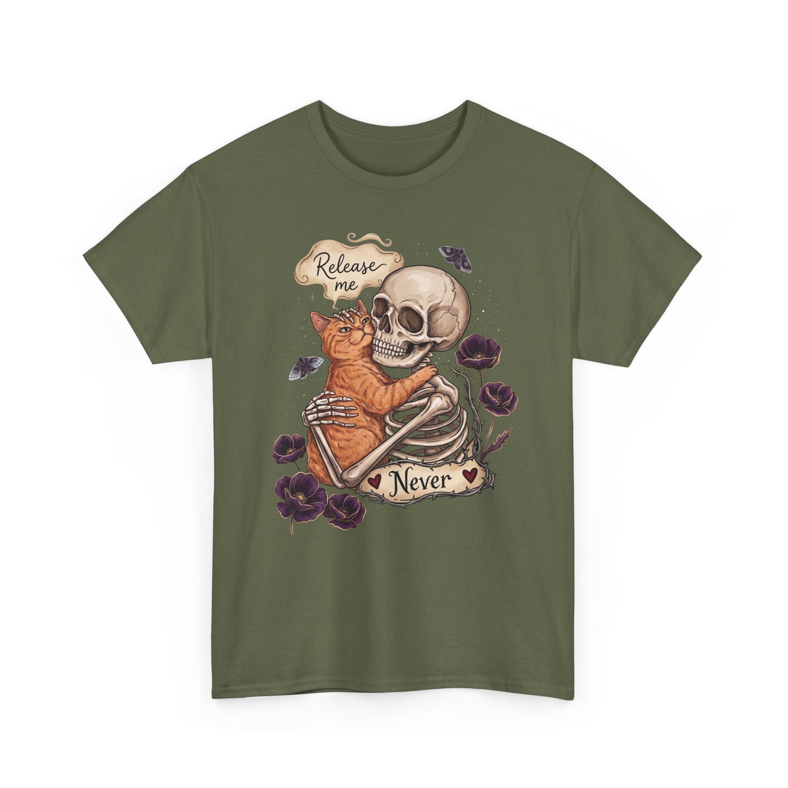 Funny Clingy Skeleton & Cat T-Shirt — Dark Aesthetic Cat Tee
