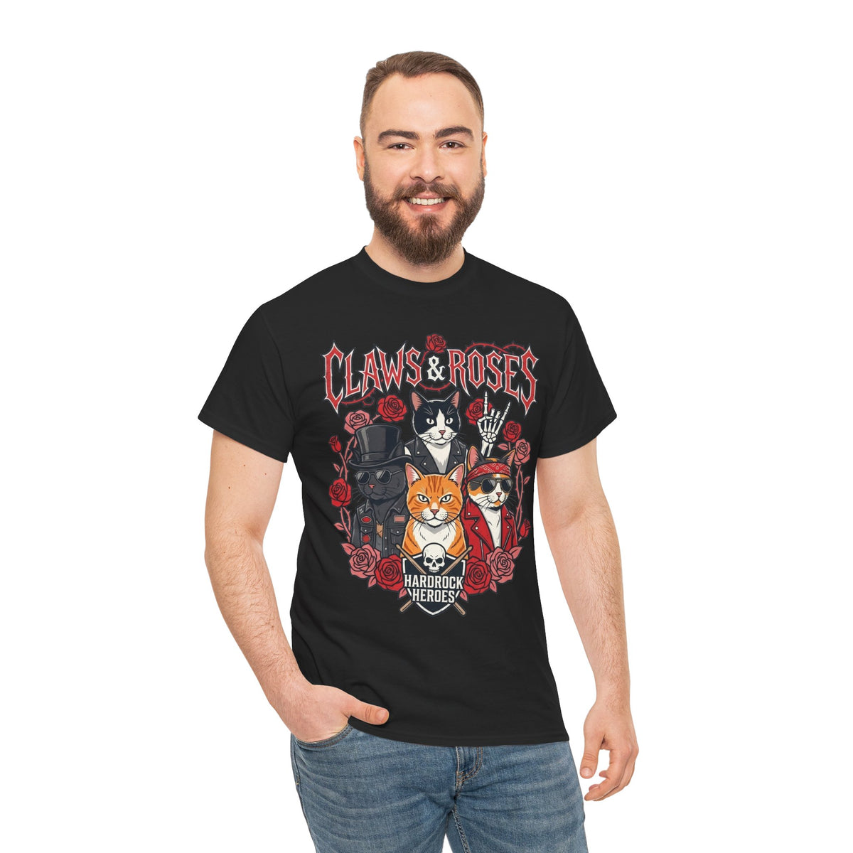 Claws & Roses Cat Band Tee - Rock 'N' Roll Feline Graphic T-Shirt