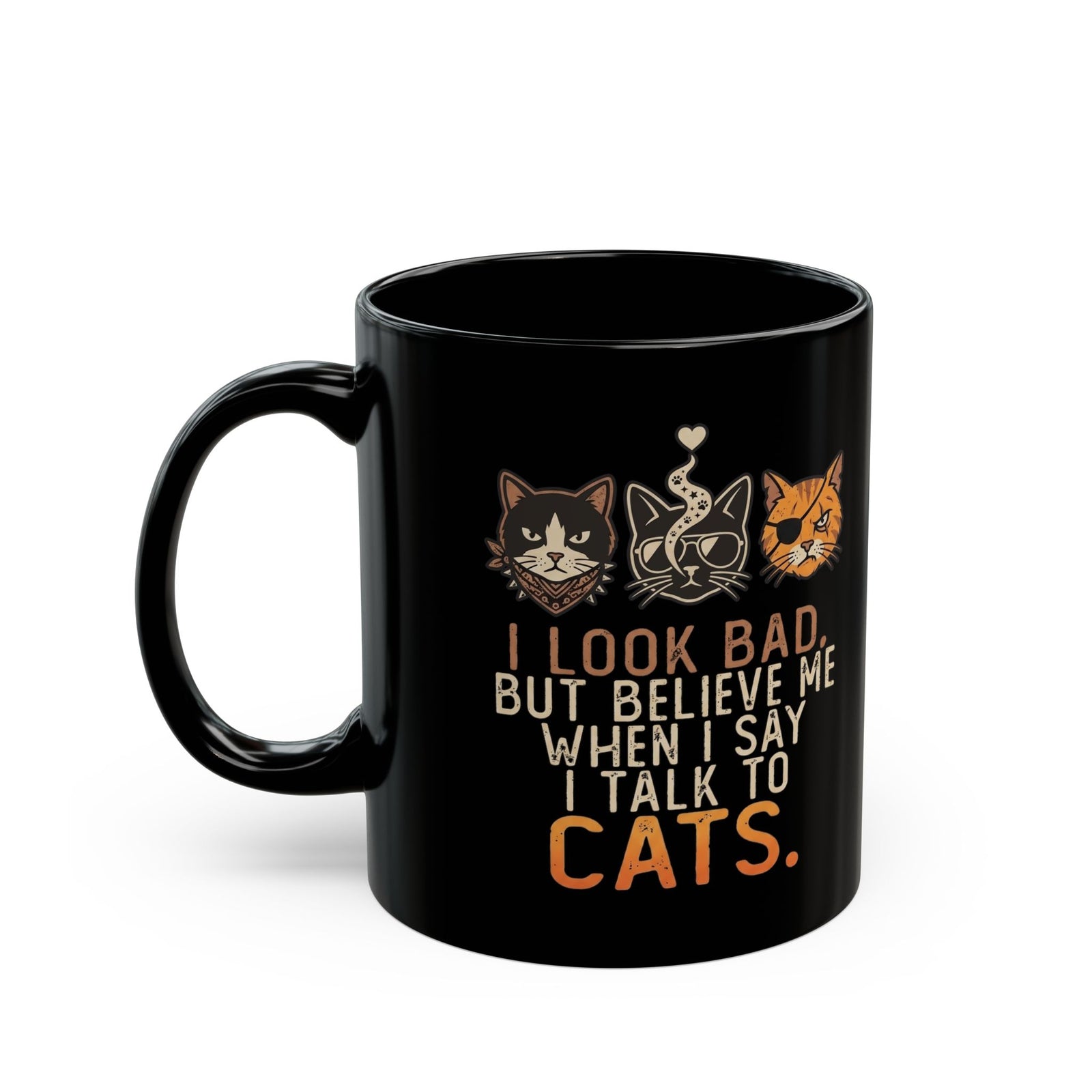 I Talk to Cats Black Mug – Funny Cat Lover Mug with Cat Faces