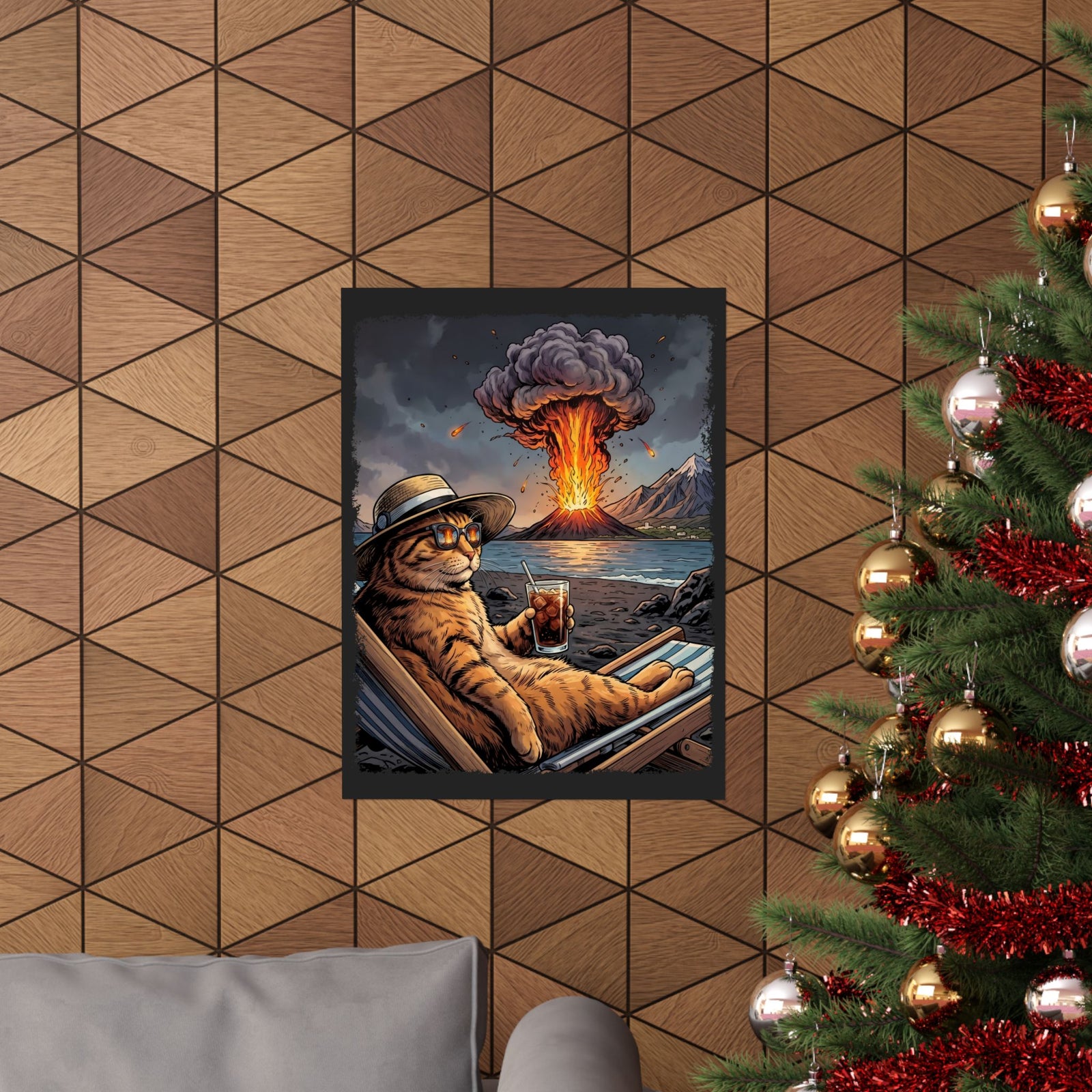 Unbothered Orange Cat Volcano Poster — Funny Chaos Beach Lounging Poster