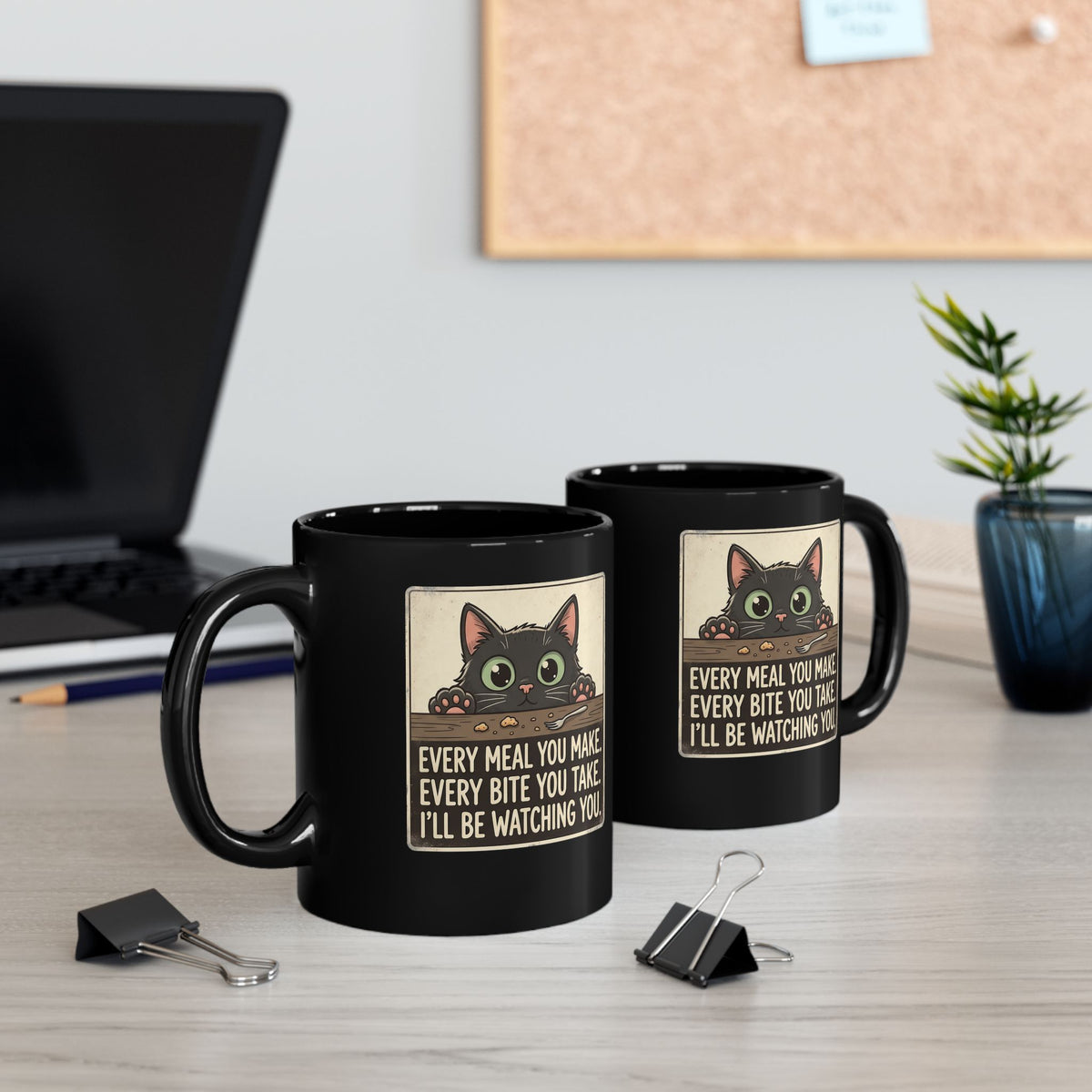 Cute Stalker Cat Watching You Black Mug — Funny Cat Lover Mug
