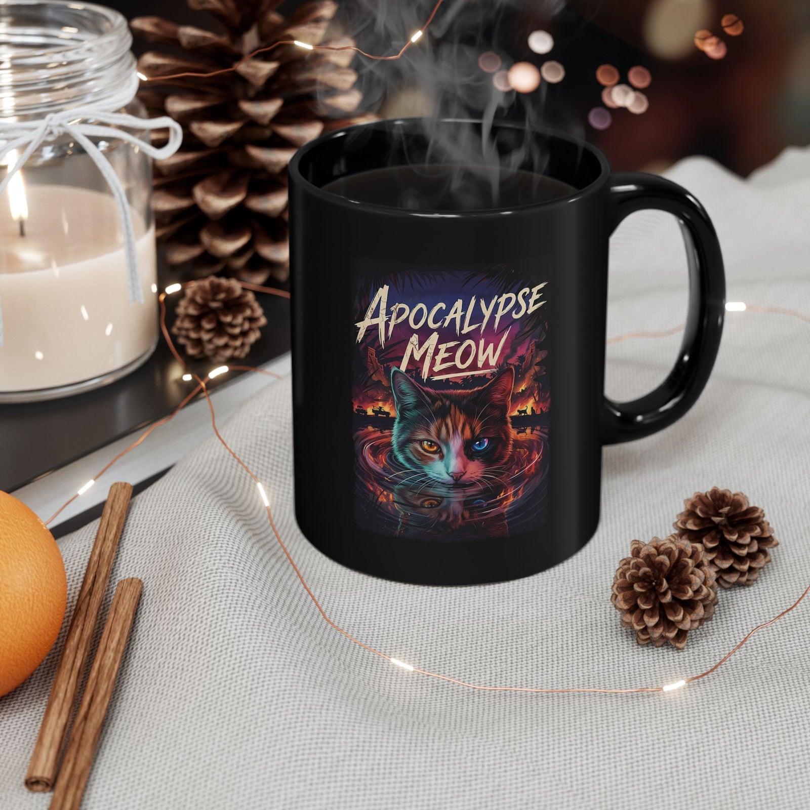 Apocalypse Meow Black Mug — Cute Post-Apocalyptic Cat Graphic Mug