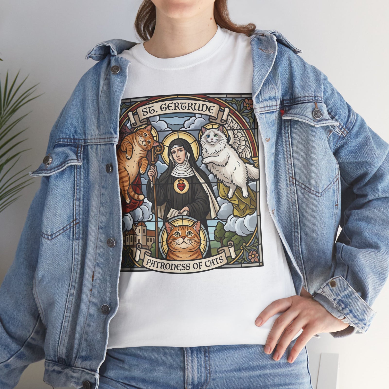 Saint of Cats T‑Shirt — "I See Herebound" Vintage Stained-Glass Cat Graphic Tee