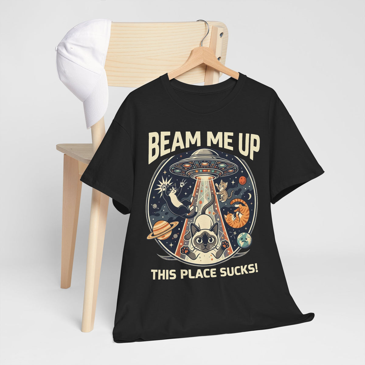 Cat UFO T-Shirt – "Beam Me Up, This Place Sucks" Retro Space Tee