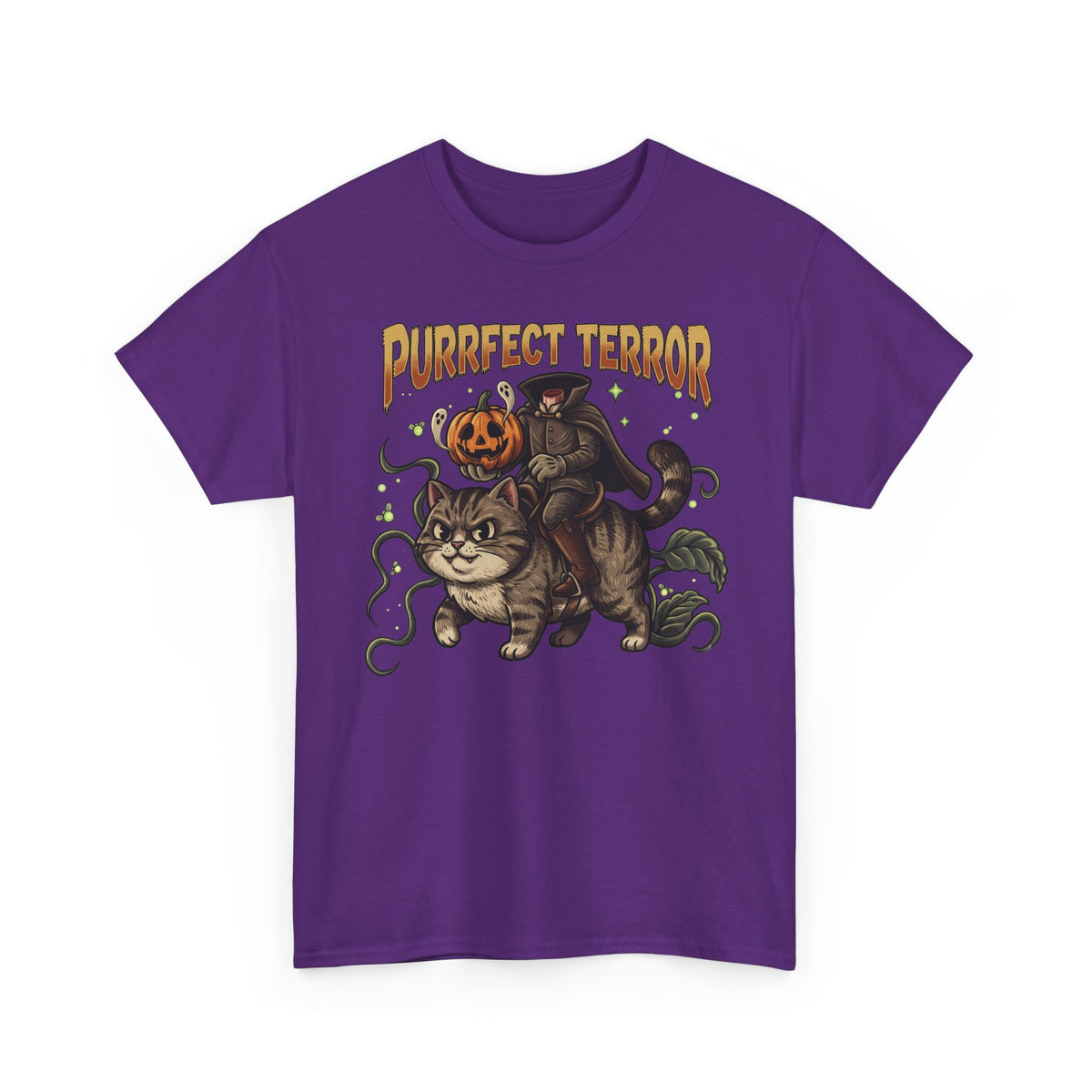 Purrfect Terror Headless Horseman Tabby Cat T-Shirt — Spooky Halloween Tee