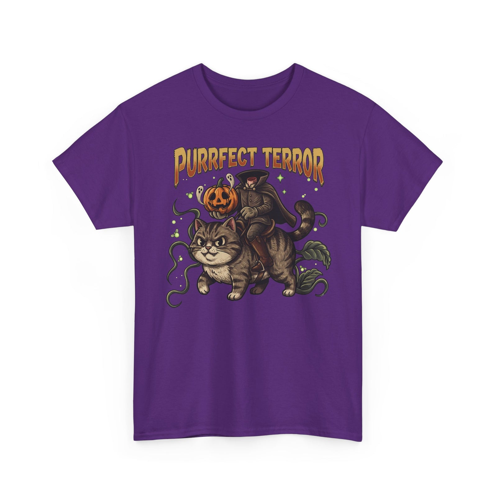 Purrfect Terror Headless Horseman Tabby Cat T-Shirt — Spooky Halloween Tee