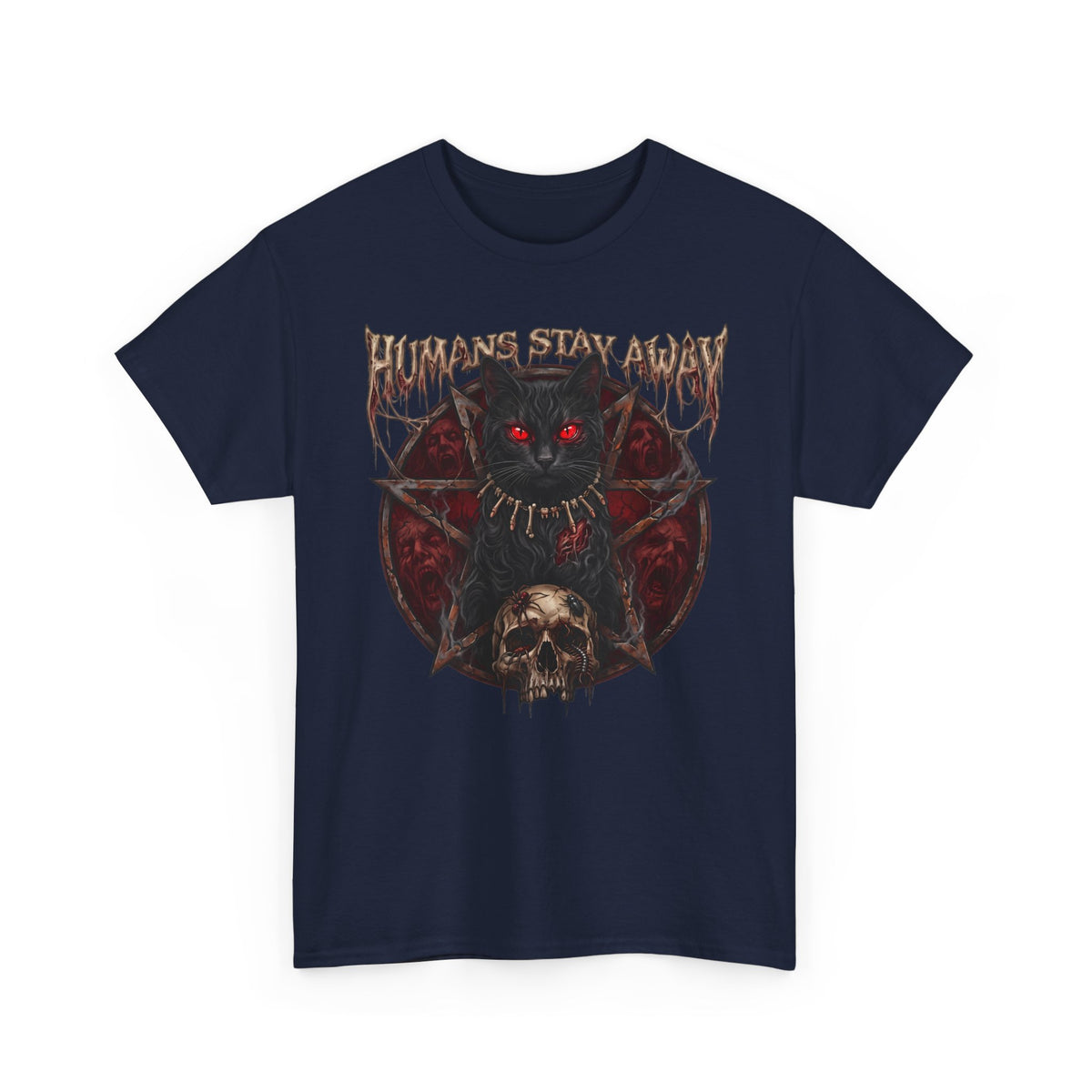 Humans Stay Away Occult Black Cat Shirt — Heavy Metal Pentagram T-Shirt