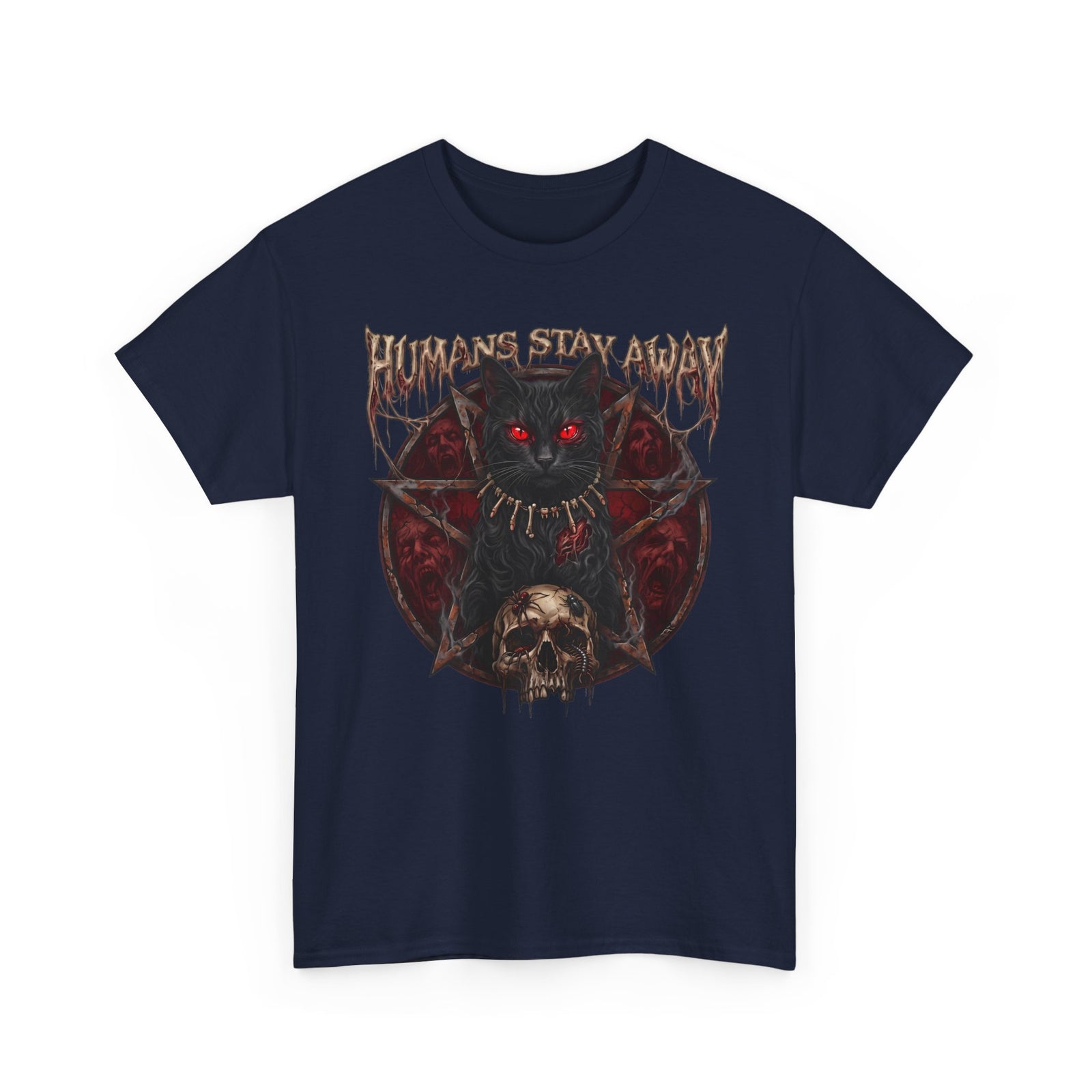 Humans Stay Away Occult Black Cat Shirt — Heavy Metal Pentagram T-Shirt