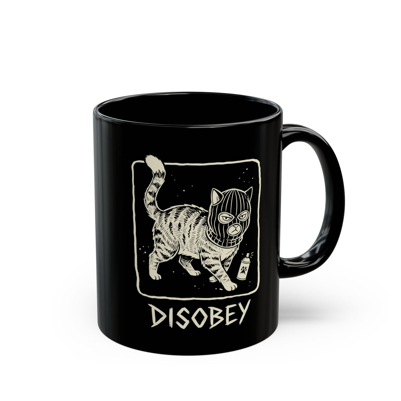 Cat Disobey Black Mug — Funny Rebellious Cat Mug for Cat Lovers