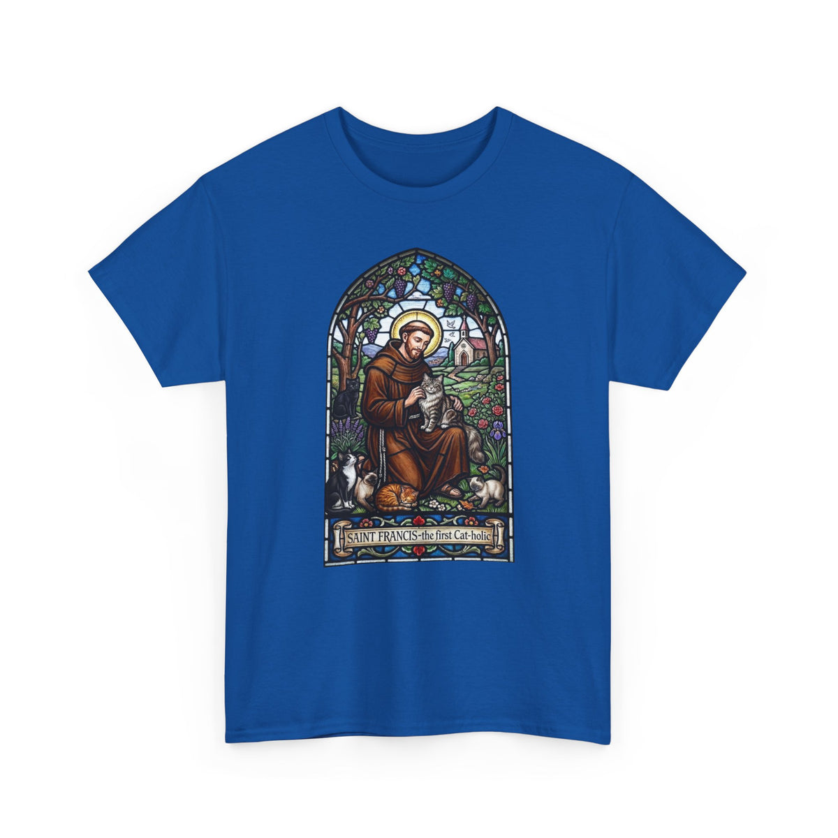 Saint Francis Cat T-Shirt — "SAINT FRANCIS — the first Cat-holic"