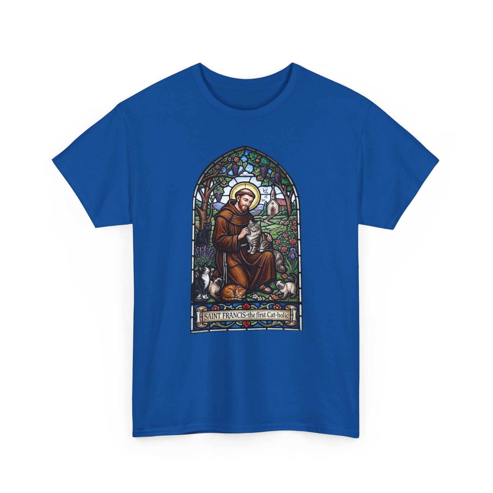 Saint Francis Cat T-Shirt — "SAINT FRANCIS — the first Cat-holic"