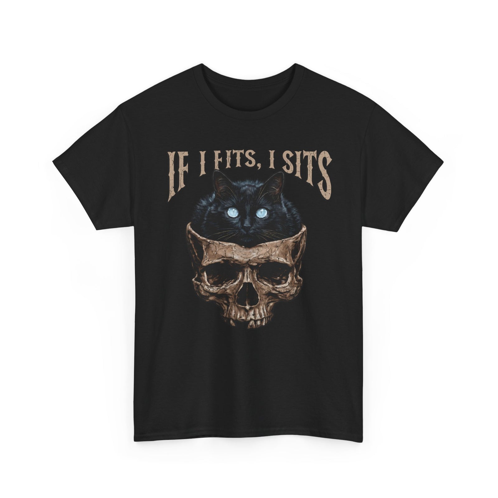 If I Fits I Sits Cat T-Shirt — Funny Gothic Black Cat Skull Graphic