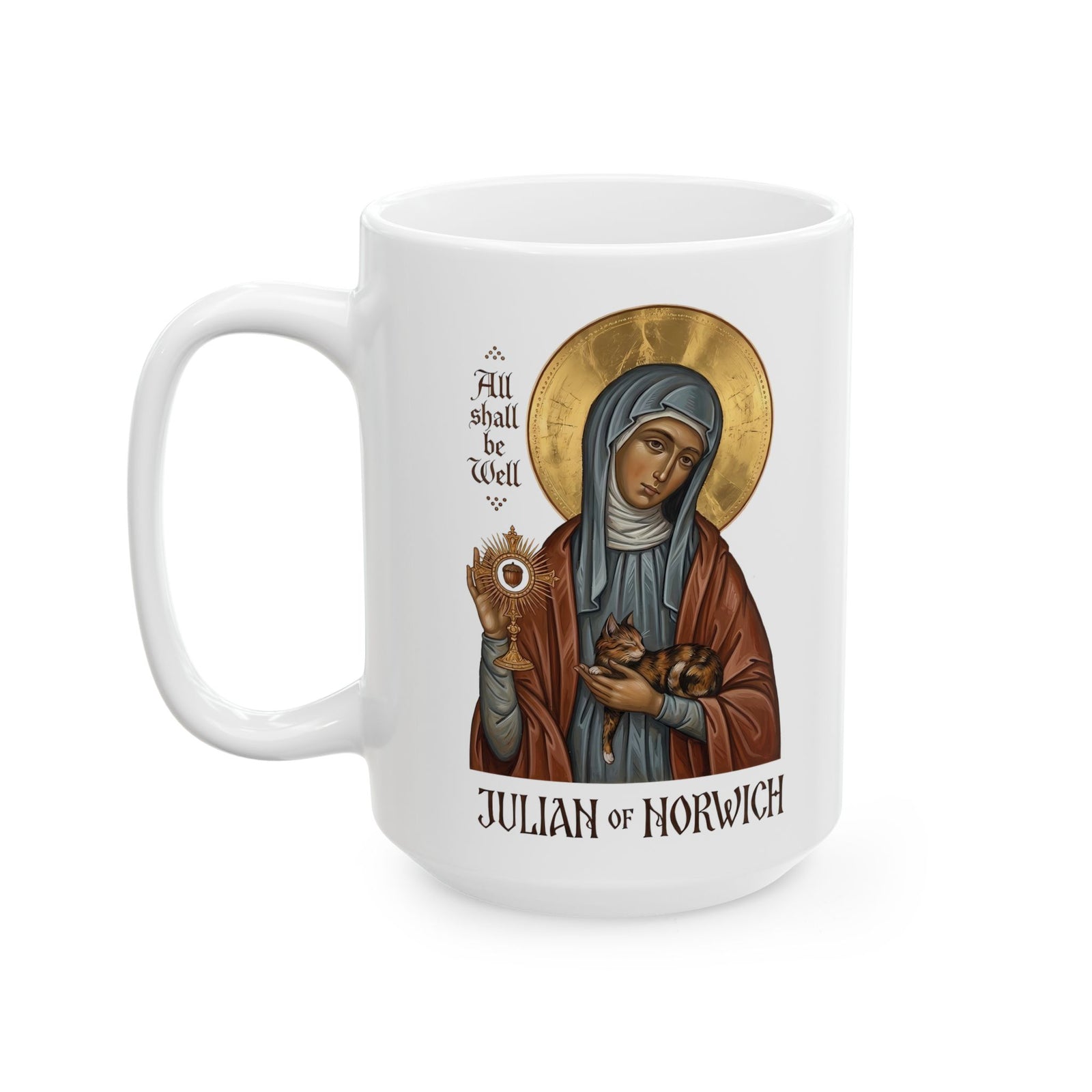 Julian of Norwich & Cat Ceramic Mug — Spiritual Saint Mug for Cat Lovers