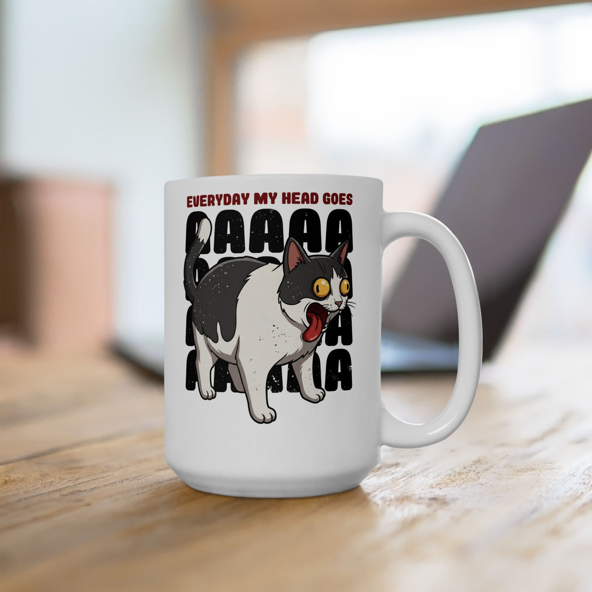 Everyday My Head Goes AAAAA Ceramic Mug — Funny Screaming Tuxedo Cat Mug