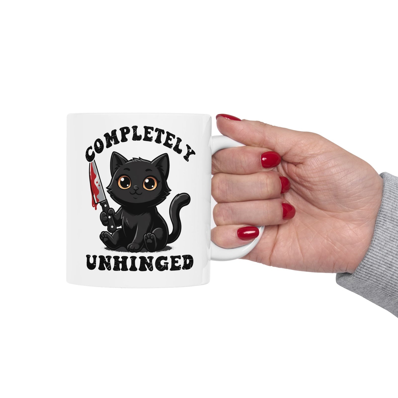 Completely Unhinged Black Cat Ceramic Mug — Funny Cute Psycho Knife Mug