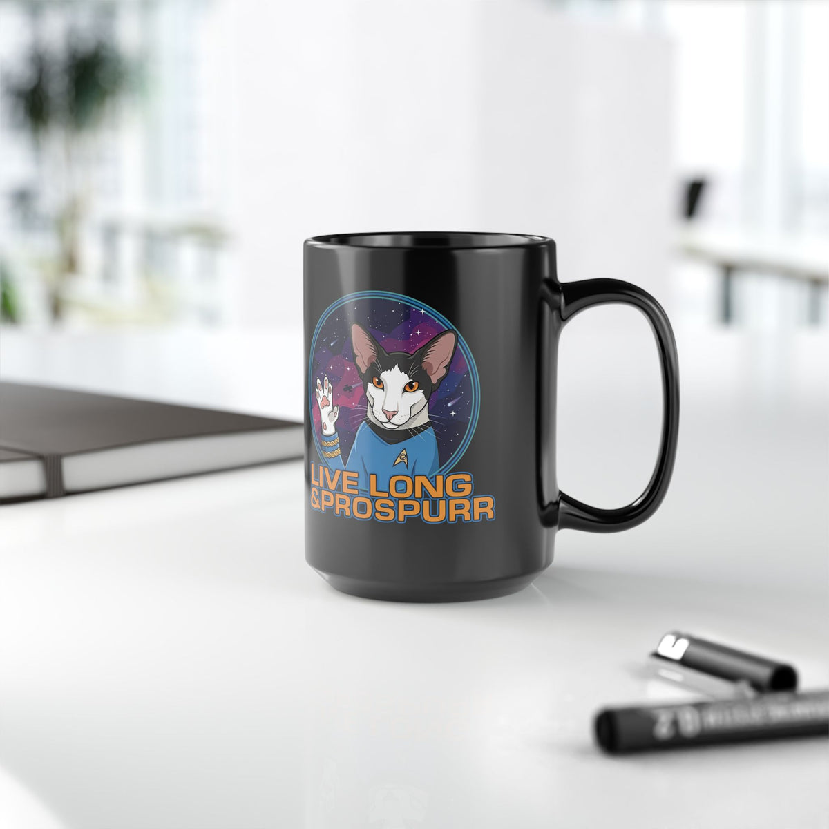 Sci‑Fi Cat 'Live Long Prospurr' Black Mug