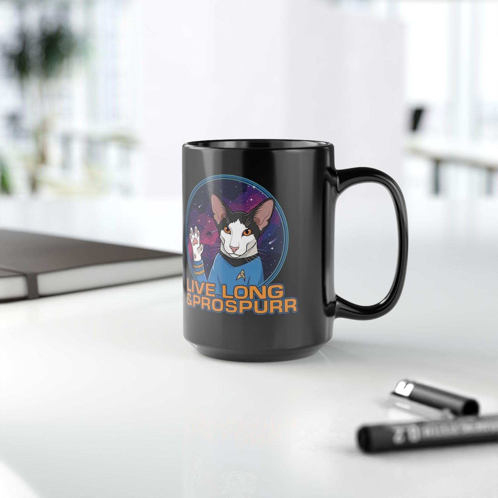 Sci‑Fi Cat 'Live Long Prospurr' Black Mug