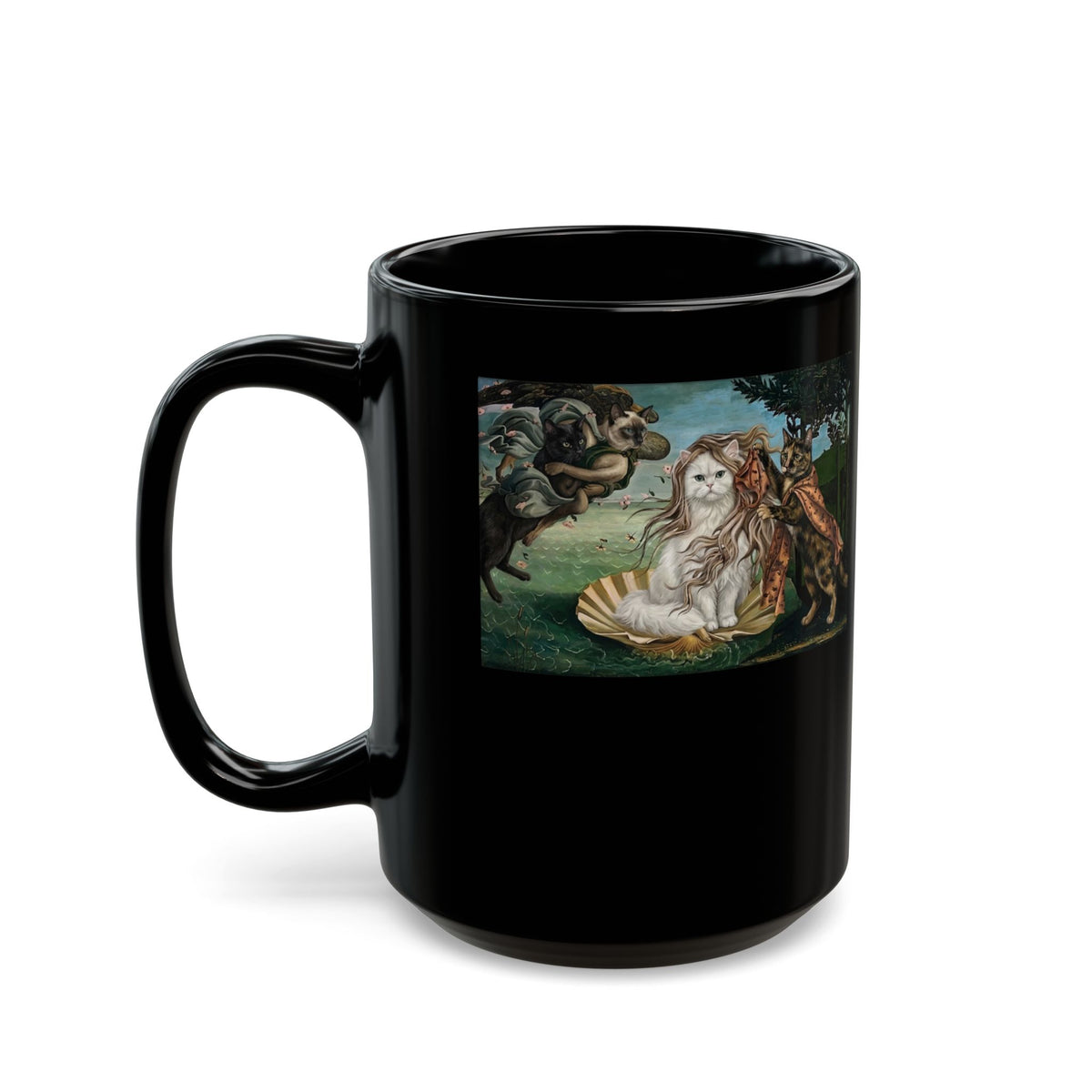 Birth of Venus Kitty Black Mug — Vintage Art Cat Mug