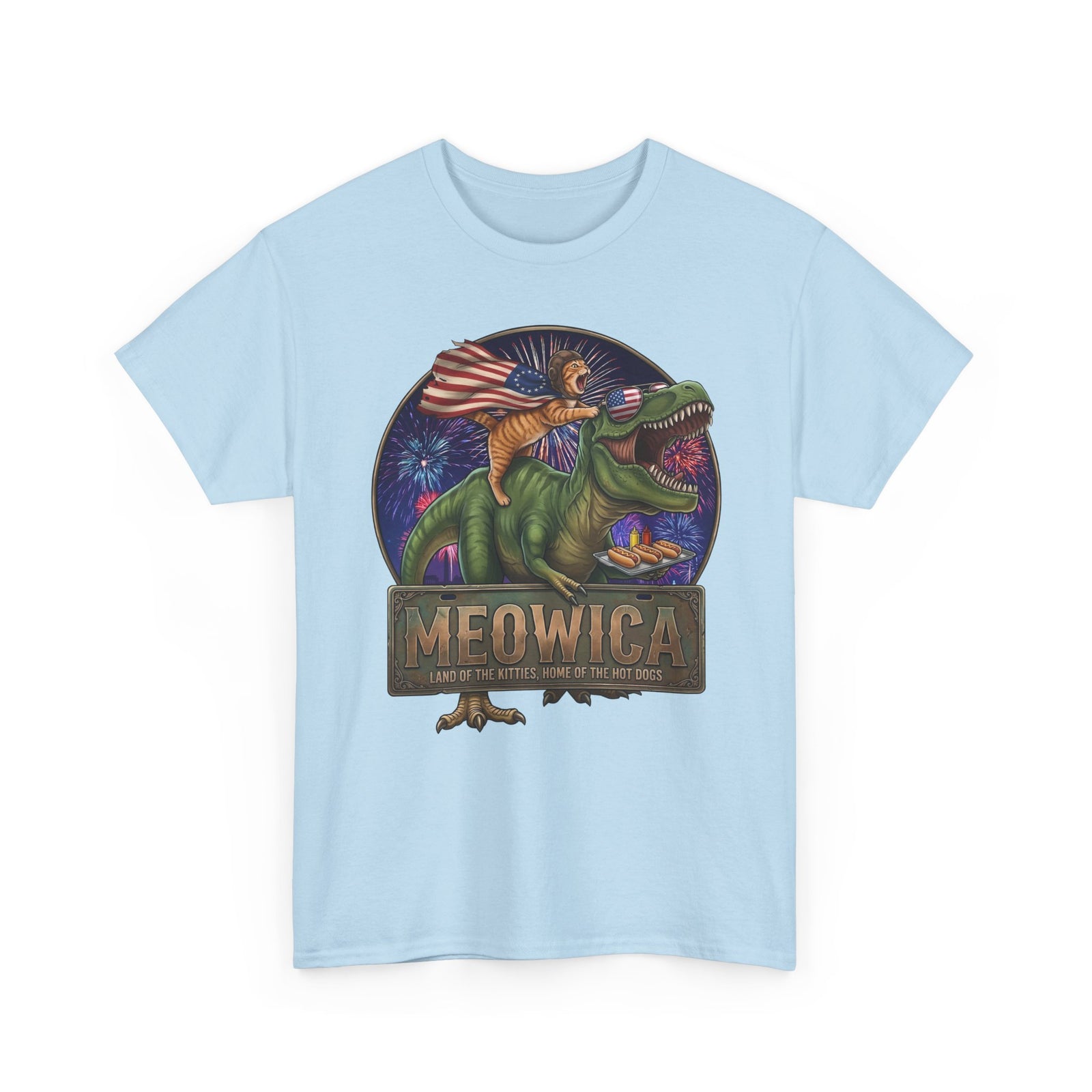 4th of July Cat Riding T‑Rex T‑Shirt "Meowica: Land of the Kitties" Patriotic Graphic