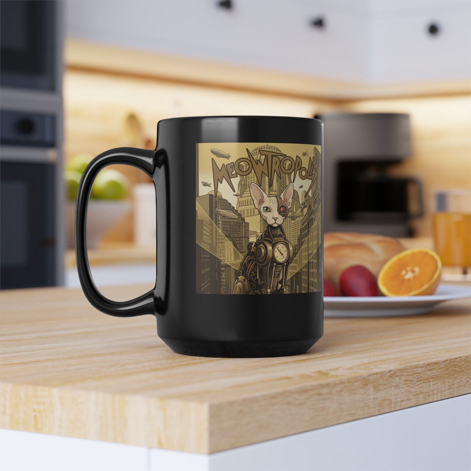 Meowtropolis Sci‑Fi Cat Black Mug — Futuristic Cat Graphic Mug
