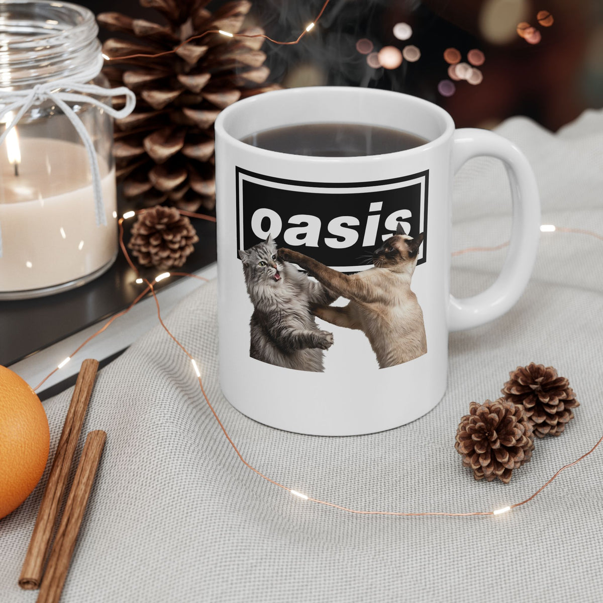 Oasis Cat Fight Ceramic Mug — Desert Cat Battle Graphic Mug