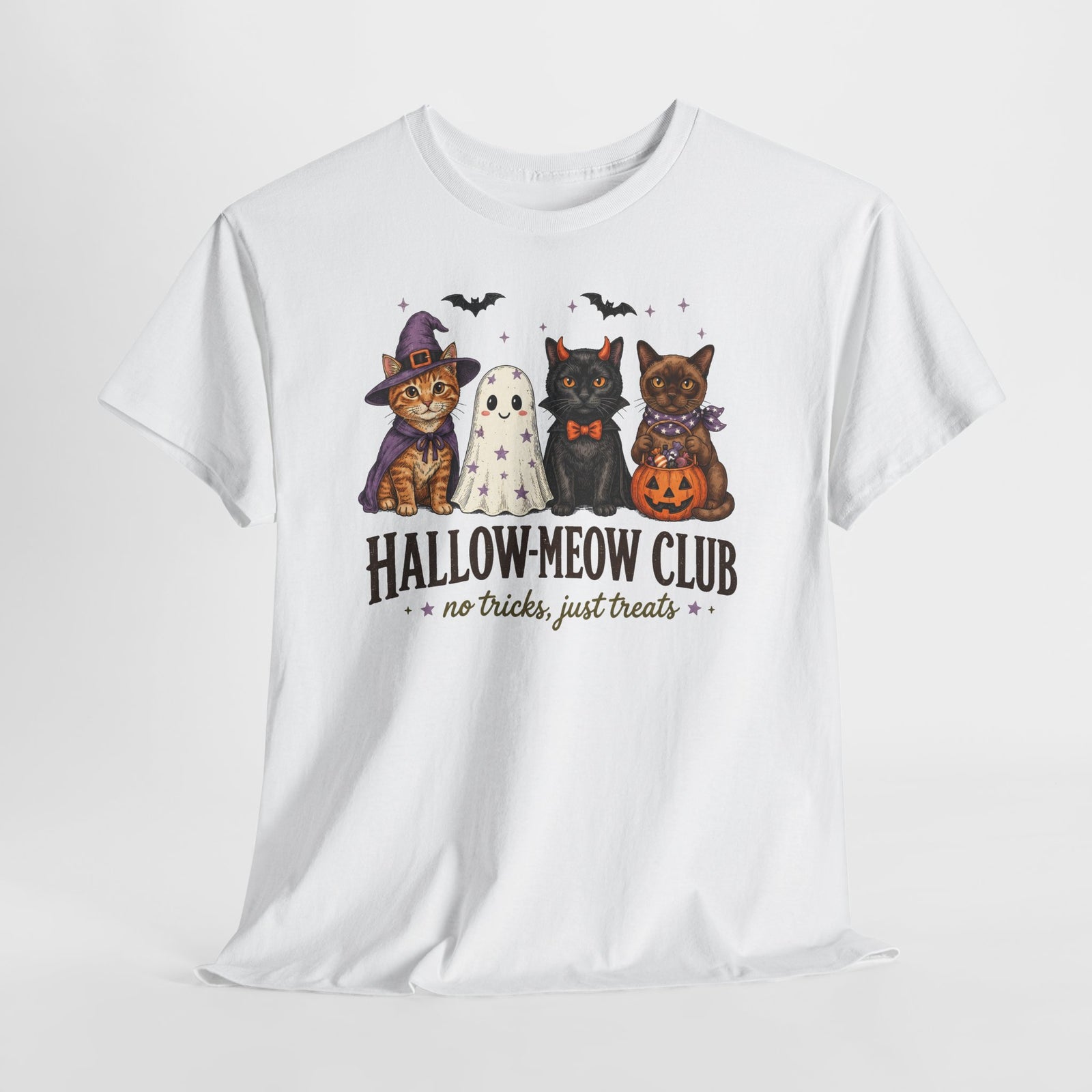 Hallow-Meow Club No Tricks Just Treats T-Shirt — Spooky Cute Cat Costume Tee