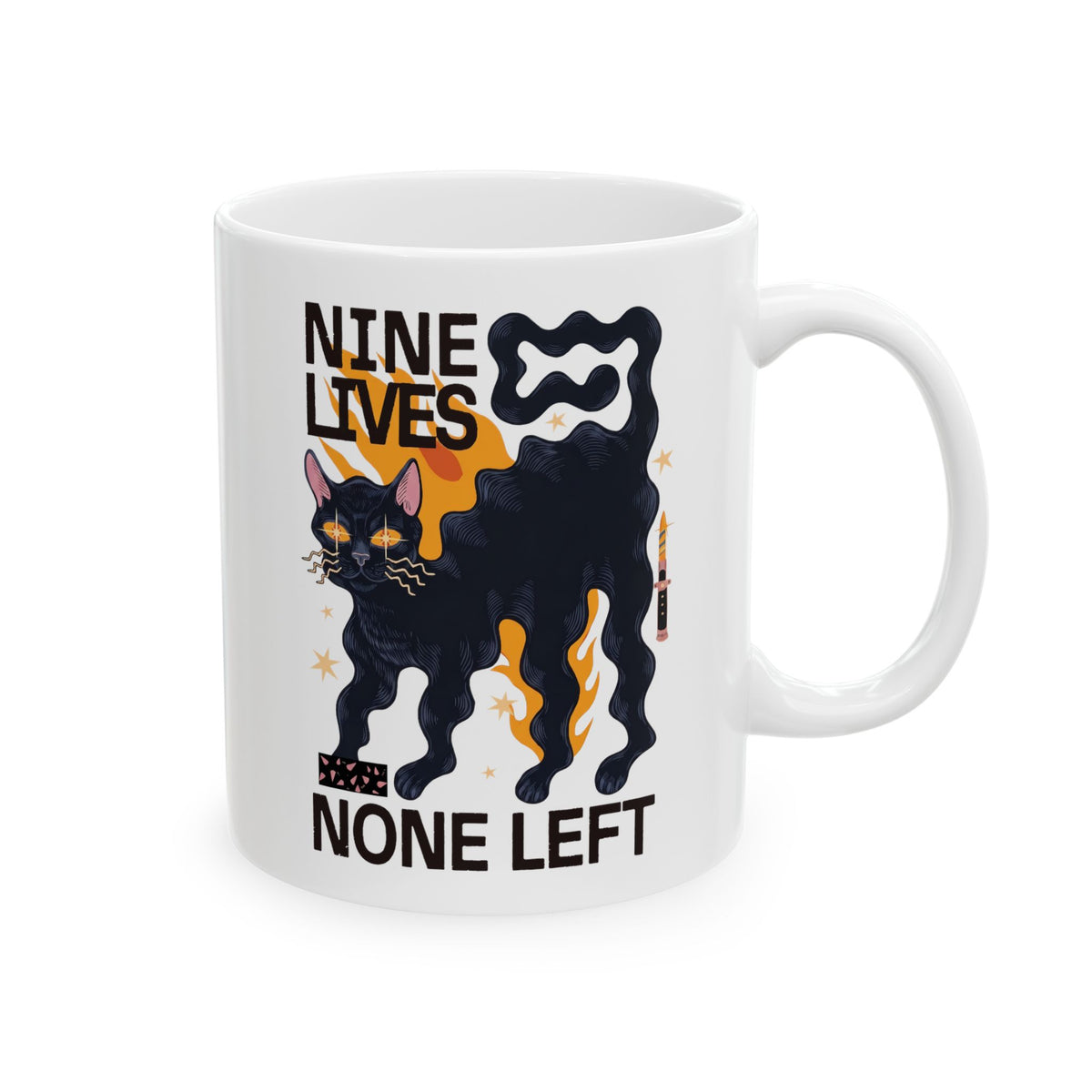 Nine Lives None Left Ceramic Mug — Edgy Spooky Black Cat Graphic Mug