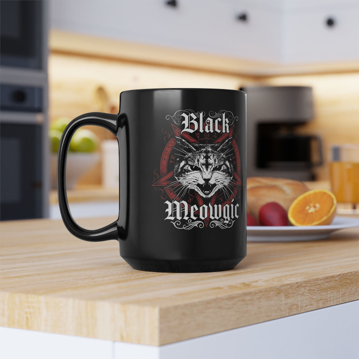 Black Meowgic Black Mug — Cute Cat Magic Graphic Mug
