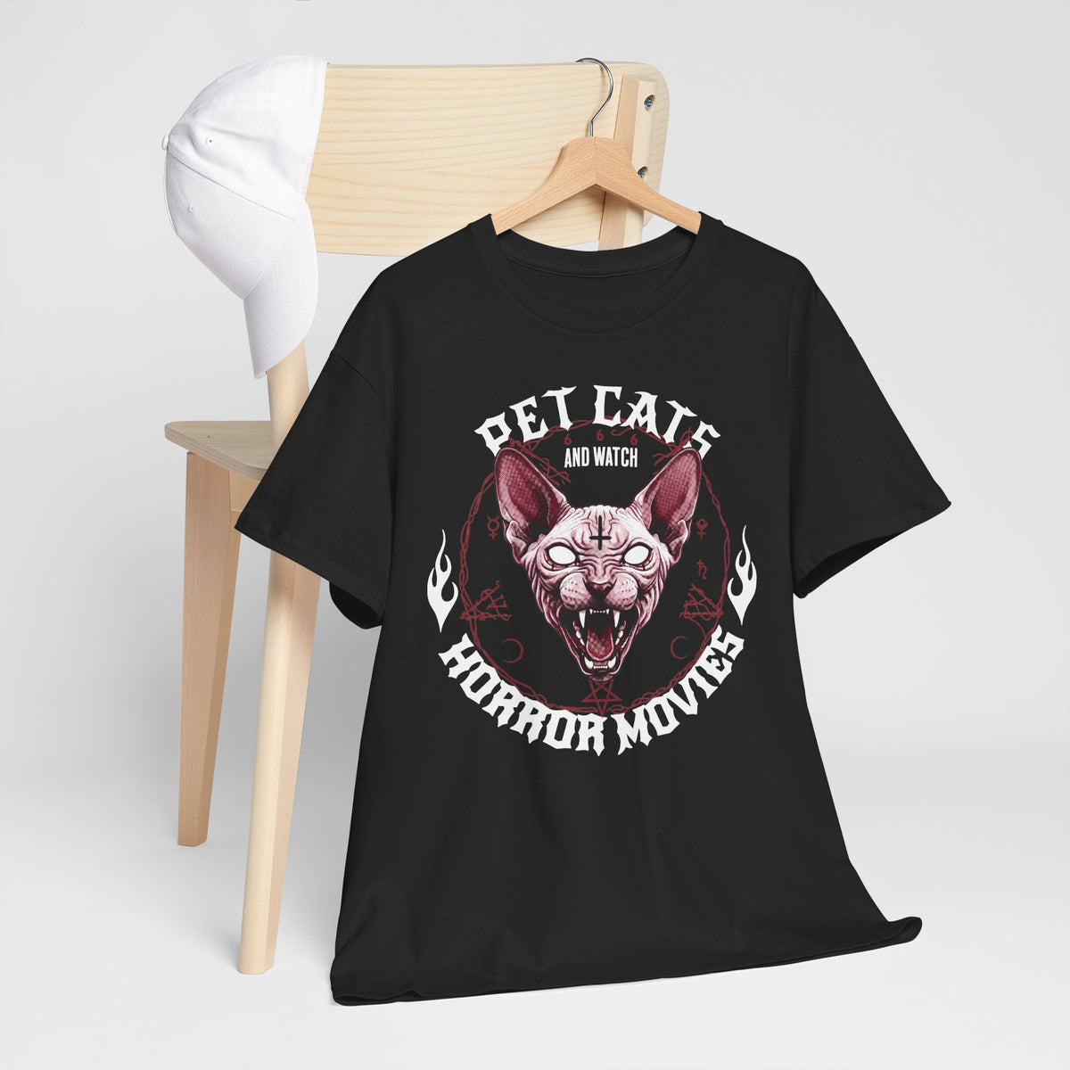 Pet Cats And Watch Horror Movies T-Shirt — Demonic Sphynx Cat Occult Tee