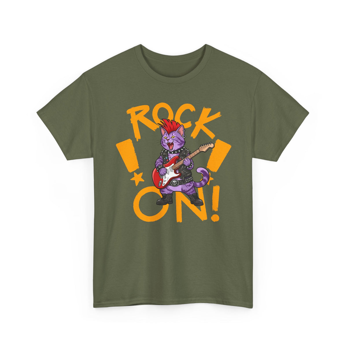Rock On Punk Rock Cat T-Shirt — Purple Feline Mohawk Electric Guitar Tee