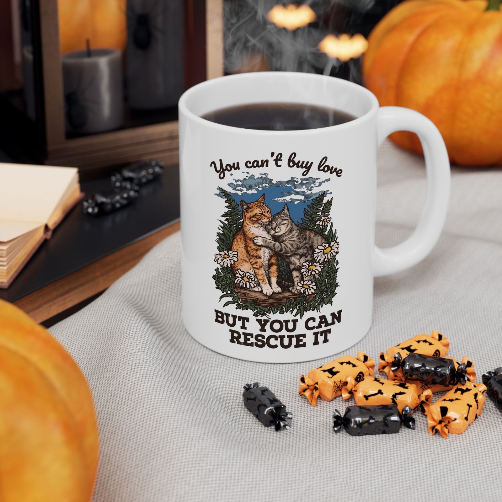 You Can't Buy Love Ceramic Mug — Sweet Rescue Cats Adoption Graphic Mug