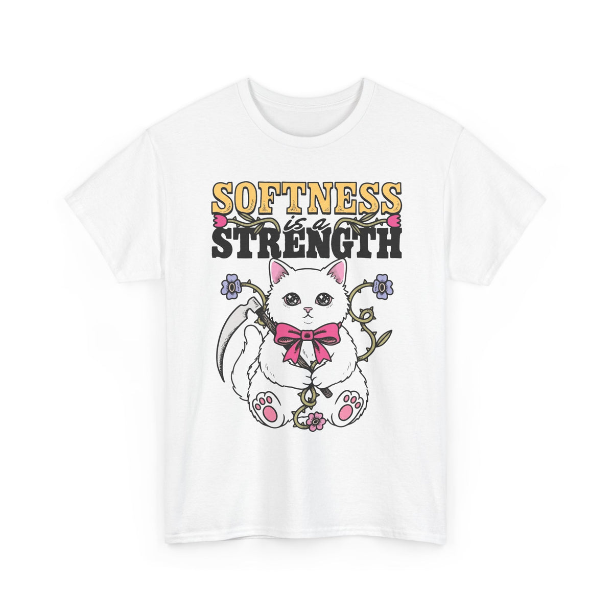Softness Is A Strength T-Shirt — Funny Cute White Kitten Scythe Graphic Tee