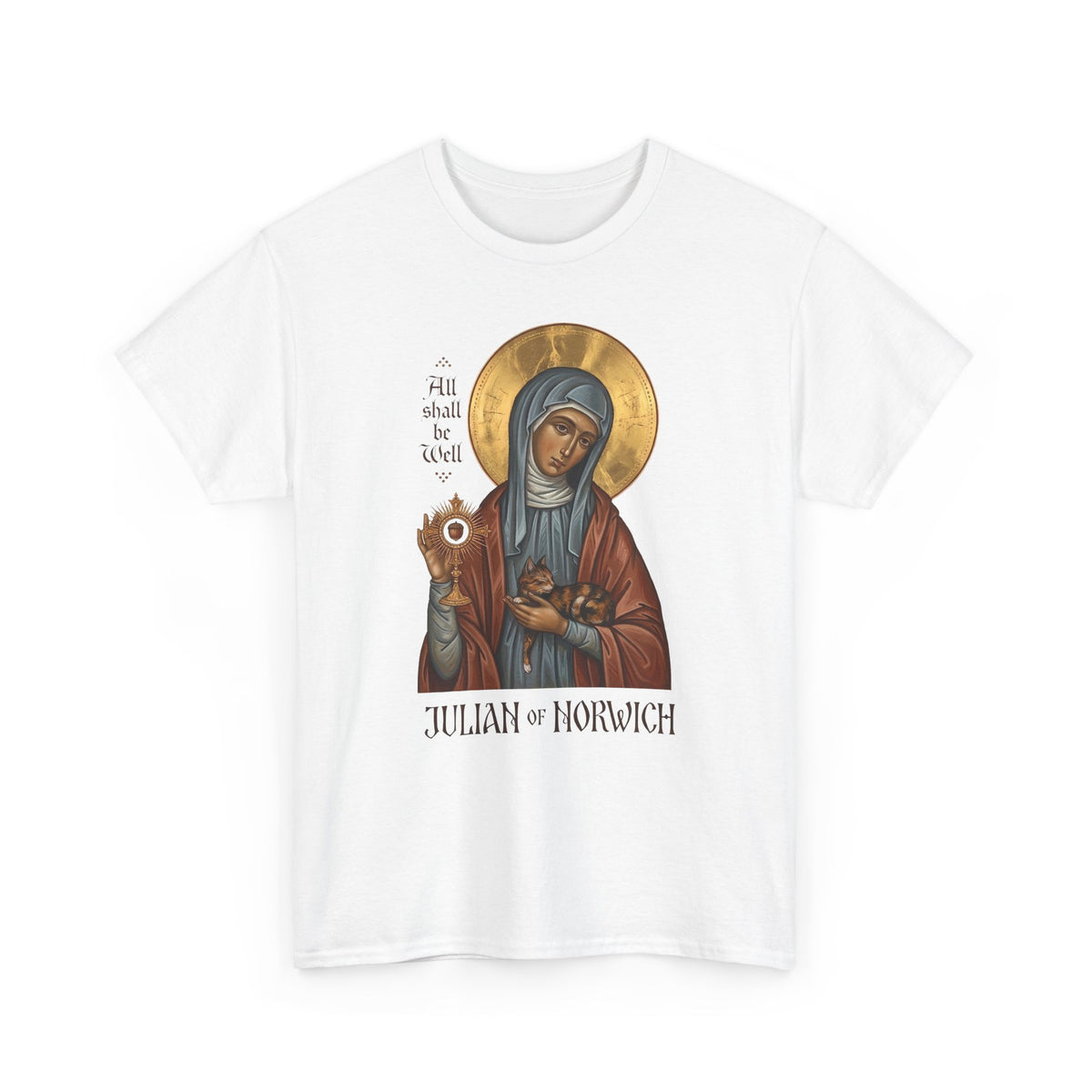 Julian of Norwich &amp; Cat T-Shirt — Spiritual Saint Tee for Cat Lovers